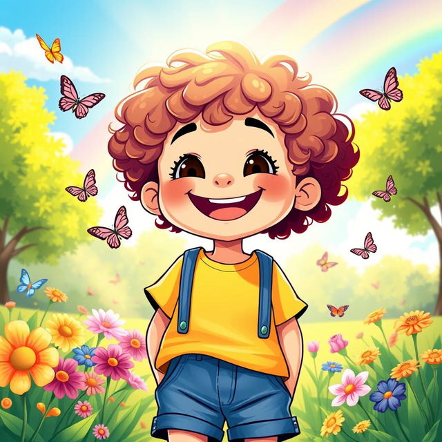 A vibrant and uplifting illustration of a young boy with a positive mindset, smiling broadly with bright, joyful eyes, standing in a sunlit park surrounded by colorful flowers