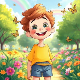 A vibrant and uplifting illustration of a young boy with a positive mindset, smiling broadly with bright, joyful eyes, standing in a sunlit park surrounded by colorful flowers