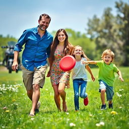A joyful family of four, consisting of a father, mother, a teenage daughter, and a young son, enjoying a sunny day at the park