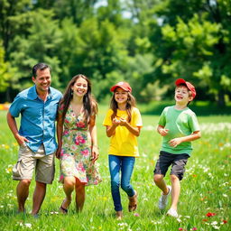 A joyful family of four, consisting of a father, mother, a teenage daughter, and a young son, enjoying a sunny day at the park