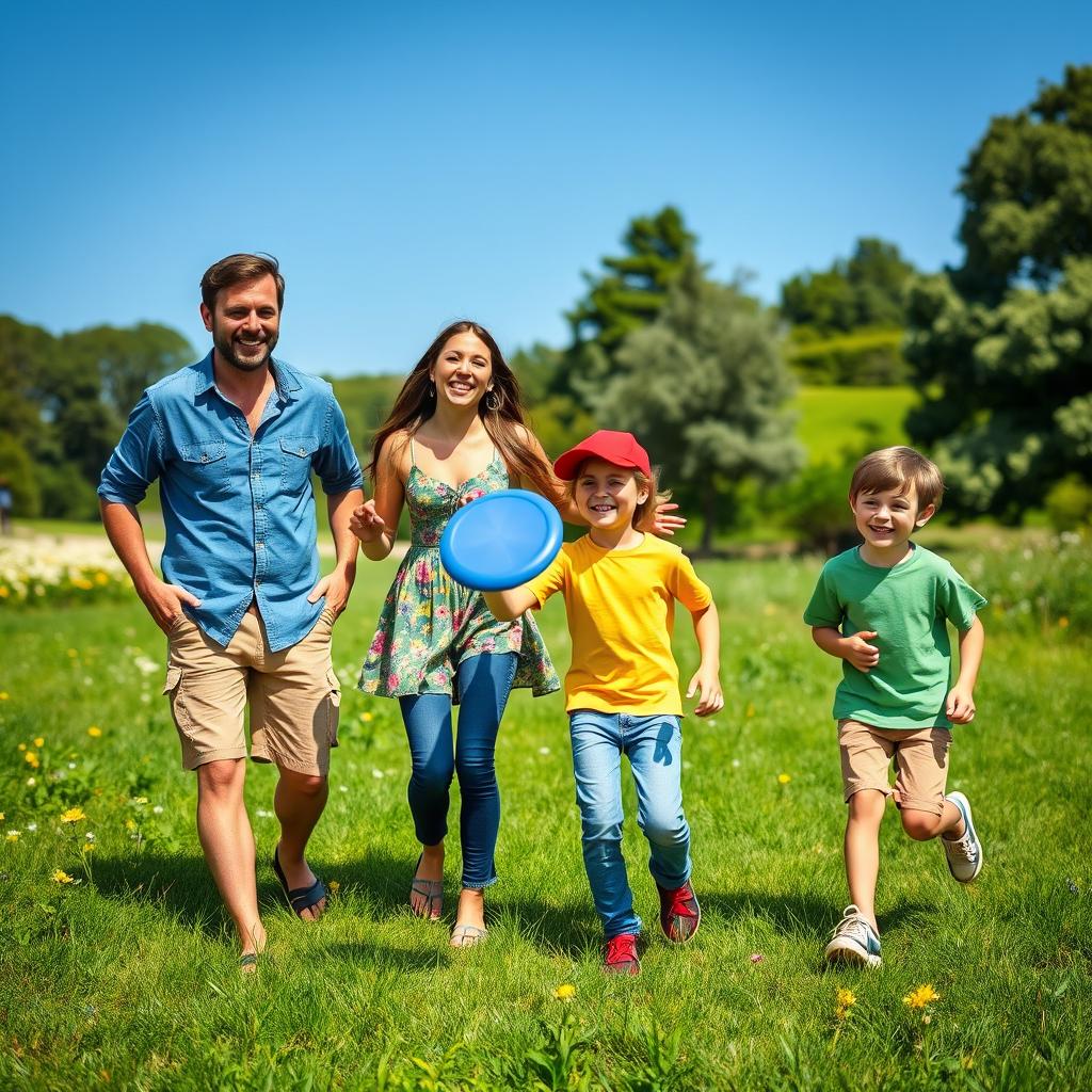A joyful family of four, consisting of a father, mother, a teenage daughter, and a young son, enjoying a sunny day at the park