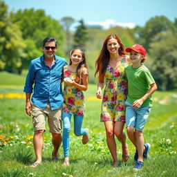 A joyful family of four, consisting of a father, mother, a teenage daughter, and a young son, enjoying a sunny day at the park