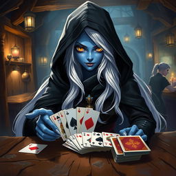 An illustrated concept art of a female Half-Elf drow Rogue with striking blue skin, long, flowing white hair, and captivating yellow eyes