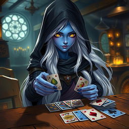 An illustrated concept art of a female Half-Elf drow Rogue with striking blue skin, long, flowing white hair, and captivating yellow eyes