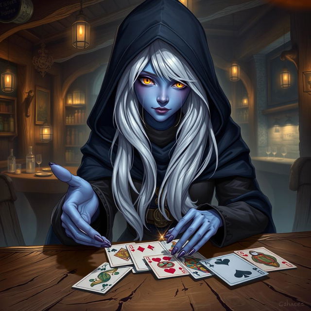 An illustrated concept art of a female Half-Elf drow Rogue with striking blue skin, long, flowing white hair, and captivating yellow eyes