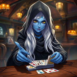 An illustrated concept art of a female Half-Elf drow Rogue with striking blue skin, long, flowing white hair, and captivating yellow eyes