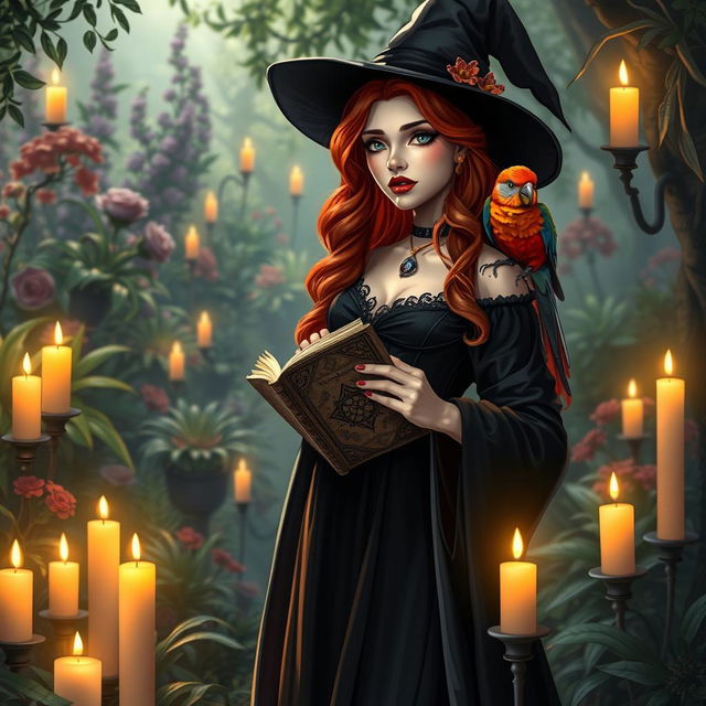 A beautiful witch girl with cascading red hair and striking red lipstick, dressed in an elegant black dress and robe