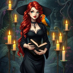 A beautiful witch girl with cascading red hair and striking red lipstick, dressed in an elegant black dress and robe