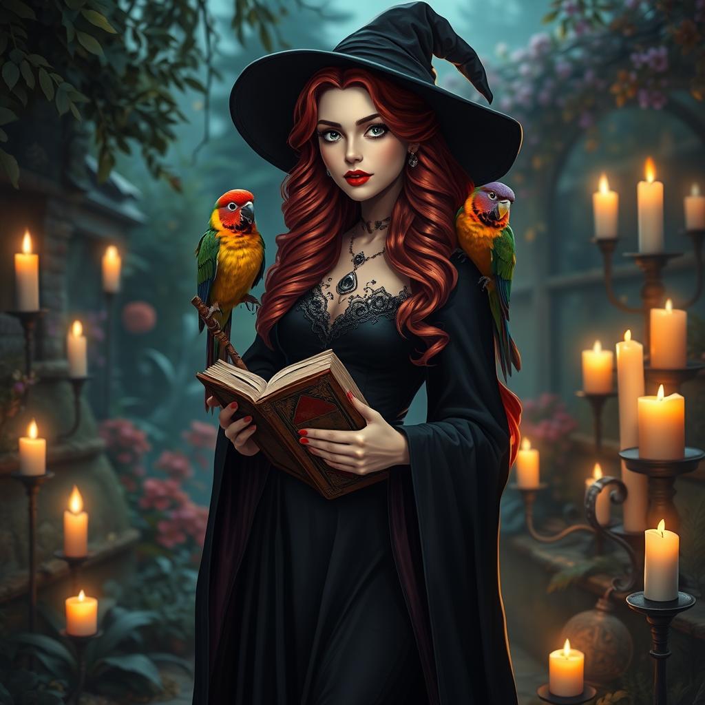 A beautiful witch girl with cascading red hair and striking red lipstick, dressed in an elegant black dress and robe