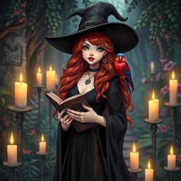 A beautiful witch girl with cascading red hair and striking red lipstick, dressed in an elegant black dress and robe