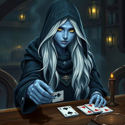 An illustrated, realistic concept art of a slurring and mysterious female Half-Elf drow Rogue with captivating blue skin, long, flowing white hair, and striking yellow eyes