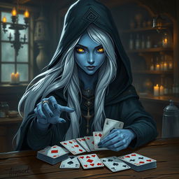 An illustrated, realistic concept art of a slurring and mysterious female Half-Elf drow Rogue with captivating blue skin, long, flowing white hair, and striking yellow eyes