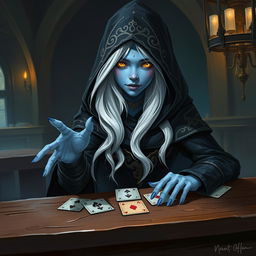 An illustrated, realistic concept art of a slurring and mysterious female Half-Elf drow Rogue with captivating blue skin, long, flowing white hair, and striking yellow eyes