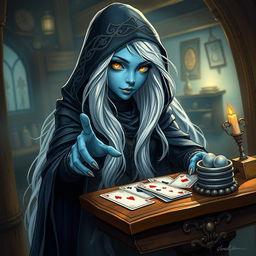 An illustrated, realistic concept art of a slurring and mysterious female Half-Elf drow Rogue with captivating blue skin, long, flowing white hair, and striking yellow eyes