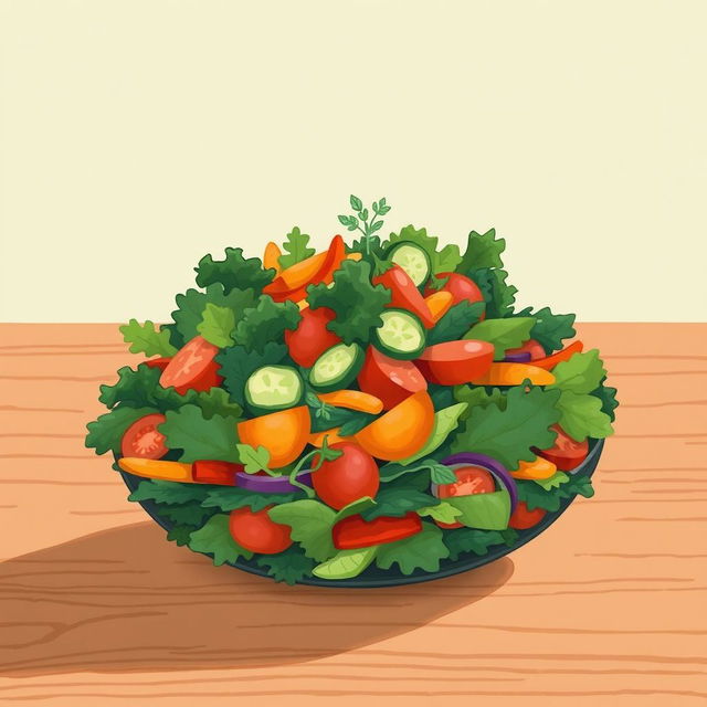 A vibrant and colorful vegetable salad sits on a wooden table, richly layered with various fresh greens, tomatoes, cucumbers, carrots, and bell peppers