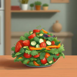 A vibrant and colorful vegetable salad sits on a wooden table, richly layered with various fresh greens, tomatoes, cucumbers, carrots, and bell peppers