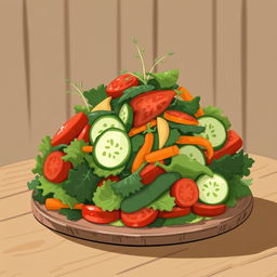 A vibrant and colorful vegetable salad sits on a wooden table, richly layered with various fresh greens, tomatoes, cucumbers, carrots, and bell peppers