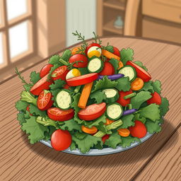A vibrant and colorful vegetable salad sits on a wooden table, richly layered with various fresh greens, tomatoes, cucumbers, carrots, and bell peppers