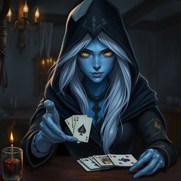 An illustrated, realistic concept art of a slurring, mysterious female Half-Elf drow Rogue characterized by her striking blue skin, long flowing white hair, and luminous yellow eyes