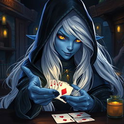 An illustrated, realistic concept art of a slurring, mysterious female Half-Elf drow Rogue characterized by her striking blue skin, long flowing white hair, and luminous yellow eyes