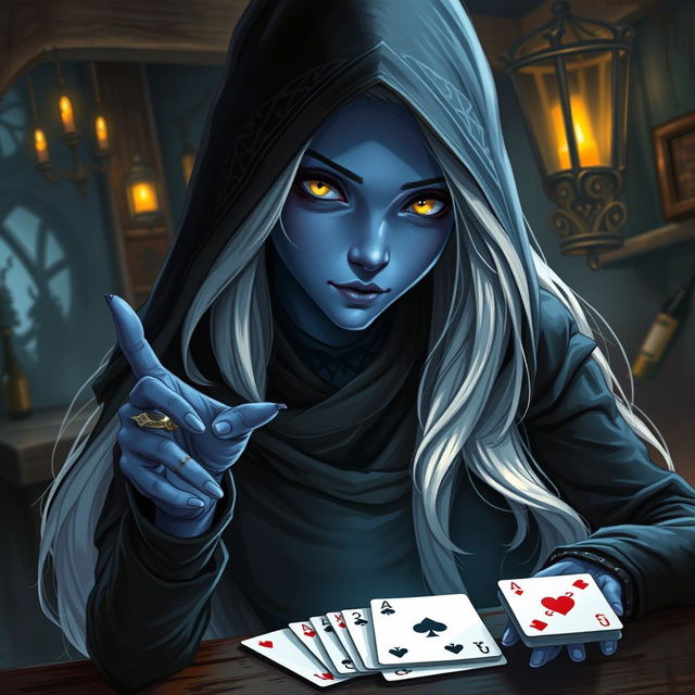 An illustrated, realistic concept art of a slurring, mysterious female Half-Elf drow Rogue characterized by her striking blue skin, long flowing white hair, and luminous yellow eyes