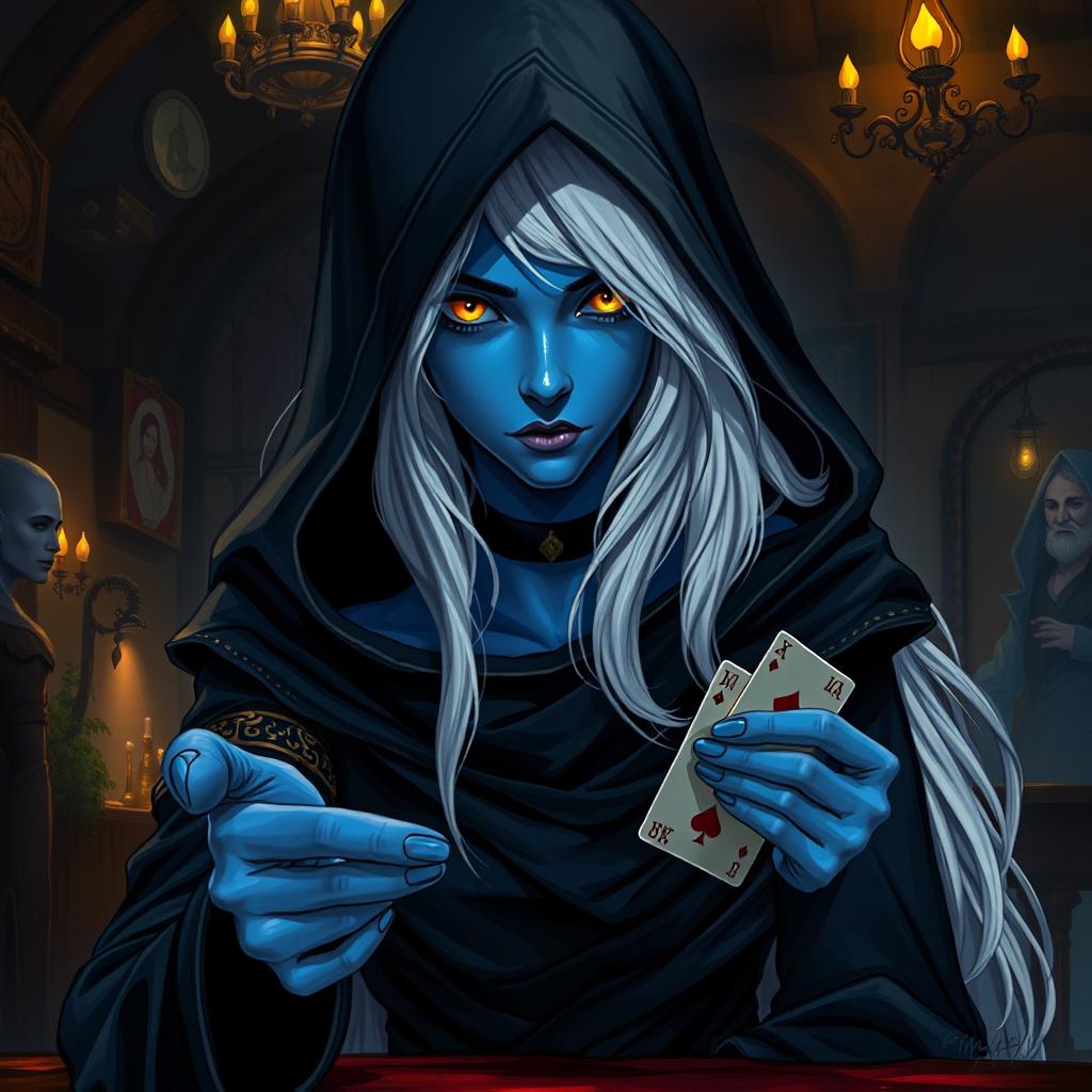 An illustrated, realistic concept art of a slurring, mysterious female Half-Elf drow Rogue characterized by her striking blue skin, long flowing white hair, and luminous yellow eyes