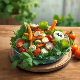 A beautifully arranged vegetable salad on a rustic wooden table, featuring an assortment of fresh vegetables such as leafy greens, carrots, onions, mushrooms, and ripe tomatoes