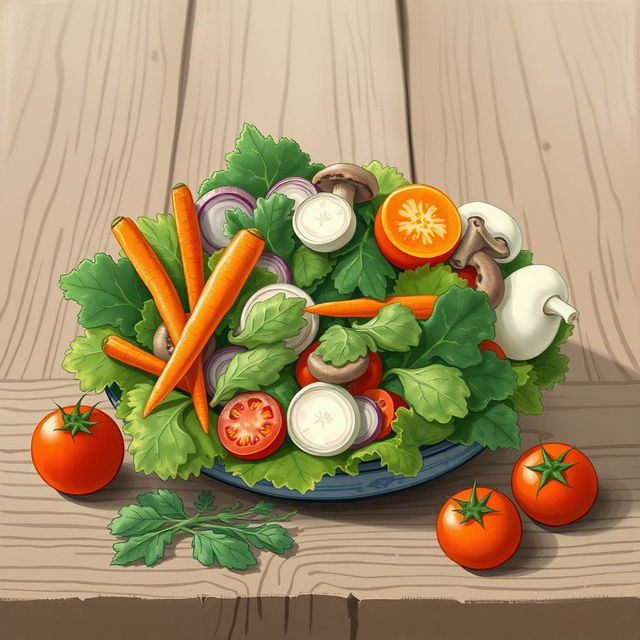 A beautifully arranged vegetable salad on a rustic wooden table, featuring an assortment of fresh vegetables such as leafy greens, carrots, onions, mushrooms, and ripe tomatoes