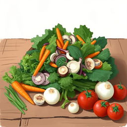 A beautifully arranged vegetable salad on a rustic wooden table, featuring an assortment of fresh vegetables such as leafy greens, carrots, onions, mushrooms, and ripe tomatoes