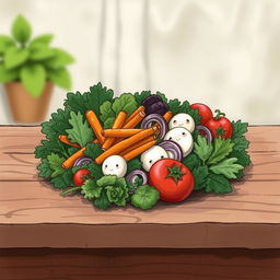 A beautifully arranged vegetable salad on a rustic wooden table, featuring an assortment of fresh vegetables such as leafy greens, carrots, onions, mushrooms, and ripe tomatoes
