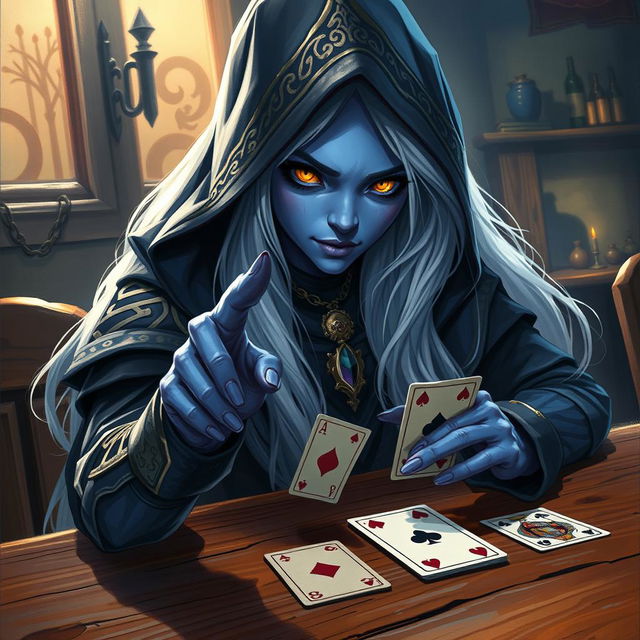 An illustrated, realistic concept art of a slurring and mysterious female Half-Elf drow Rogue with striking blue skin, long flowing white hair, and intense yellow eyes