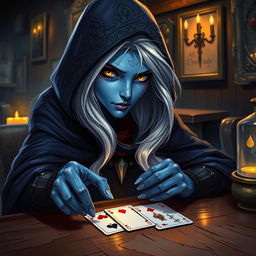 An illustrated, realistic concept art of a slurring and mysterious female Half-Elf drow Rogue with striking blue skin, long flowing white hair, and intense yellow eyes