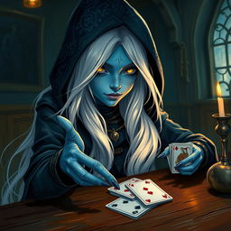An illustrated, realistic concept art of a slurring and mysterious female Half-Elf drow Rogue with striking blue skin, long flowing white hair, and intense yellow eyes