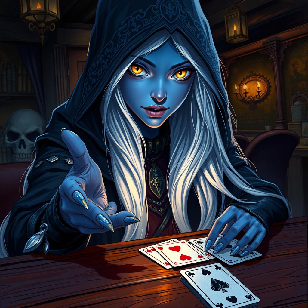 An illustrated, realistic concept art of a slurring and mysterious female Half-Elf drow Rogue with striking blue skin, long flowing white hair, and intense yellow eyes