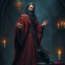 A tall sorcerer man wearing flowing red robes and intricately designed clothes
