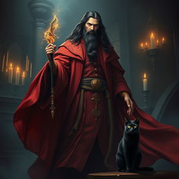 A tall sorcerer man wearing flowing red robes and intricately designed clothes