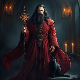 A tall sorcerer man wearing flowing red robes and intricately designed clothes