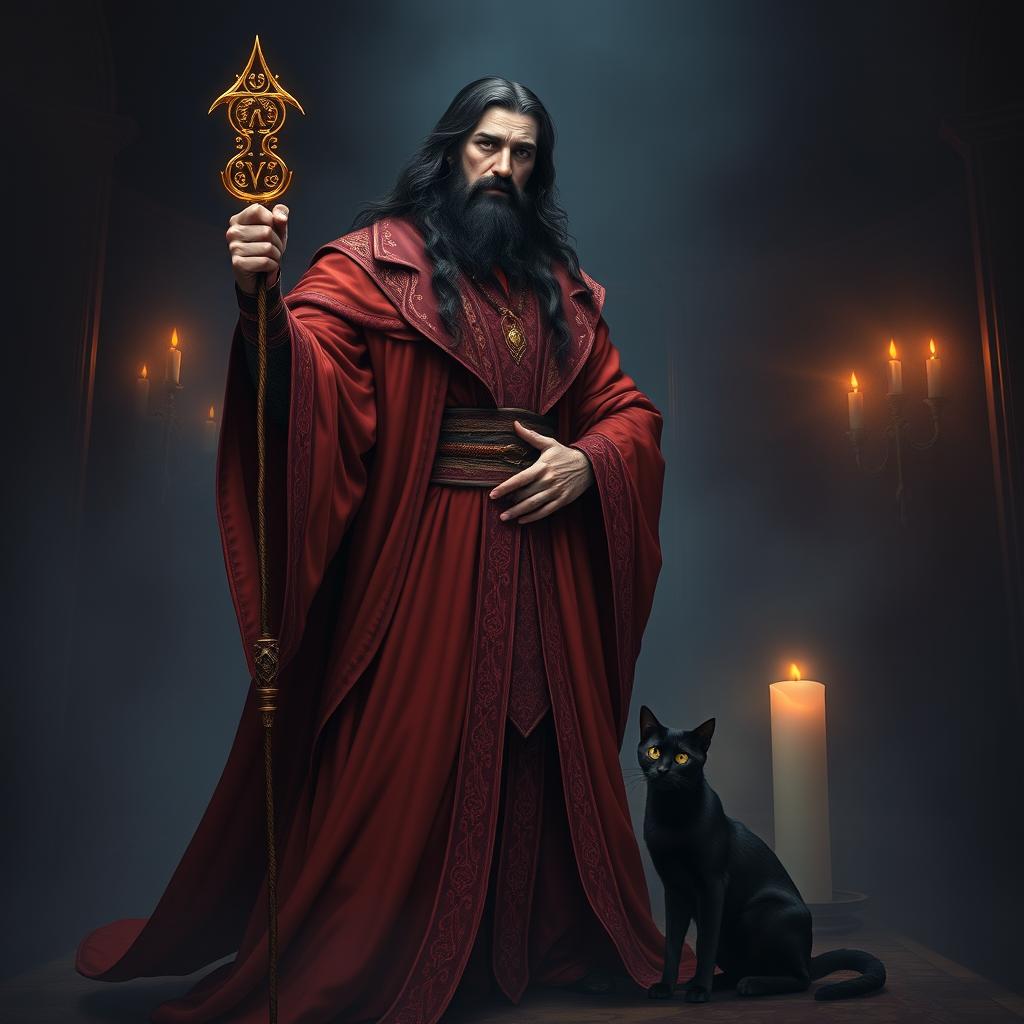 A tall sorcerer man wearing flowing red robes and intricately designed clothes