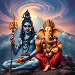 An artistic depiction of Lord Shiva and Lord Ganesh at Mount Kailash, showcasing their divine presence