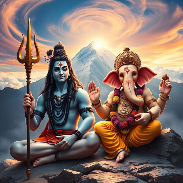 An artistic depiction of Lord Shiva and Lord Ganesh at Mount Kailash, showcasing their divine presence