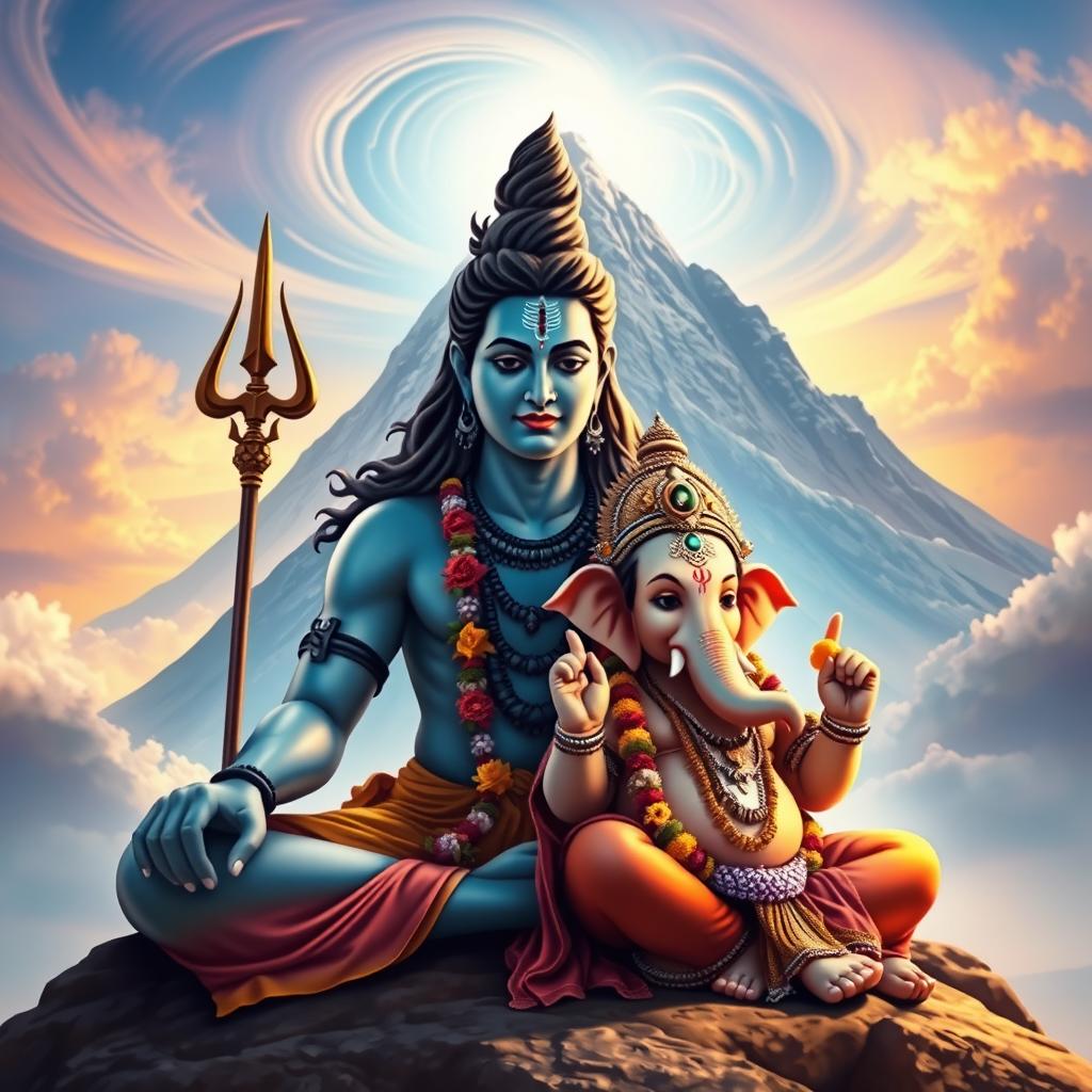 An artistic depiction of Lord Shiva and Lord Ganesh at Mount Kailash, showcasing their divine presence