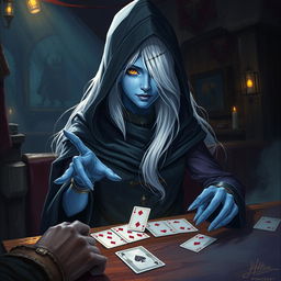 An illustrated, realistic concept art featuring a slurring and mysterious female hooded Half-Elf drow Rogue, distinguished by her striking blue skin, long, flowing white hair, and piercing yellow eyes