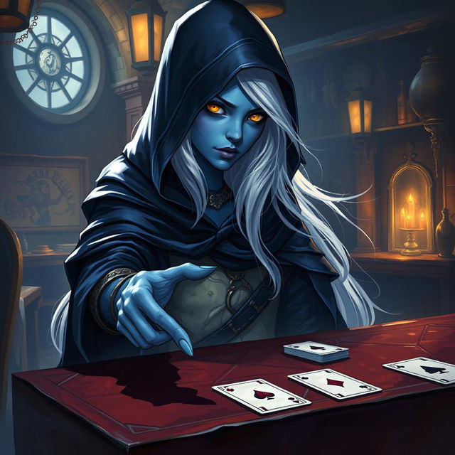 An illustrated, realistic concept art featuring a slurring and mysterious female hooded Half-Elf drow Rogue, distinguished by her striking blue skin, long, flowing white hair, and piercing yellow eyes