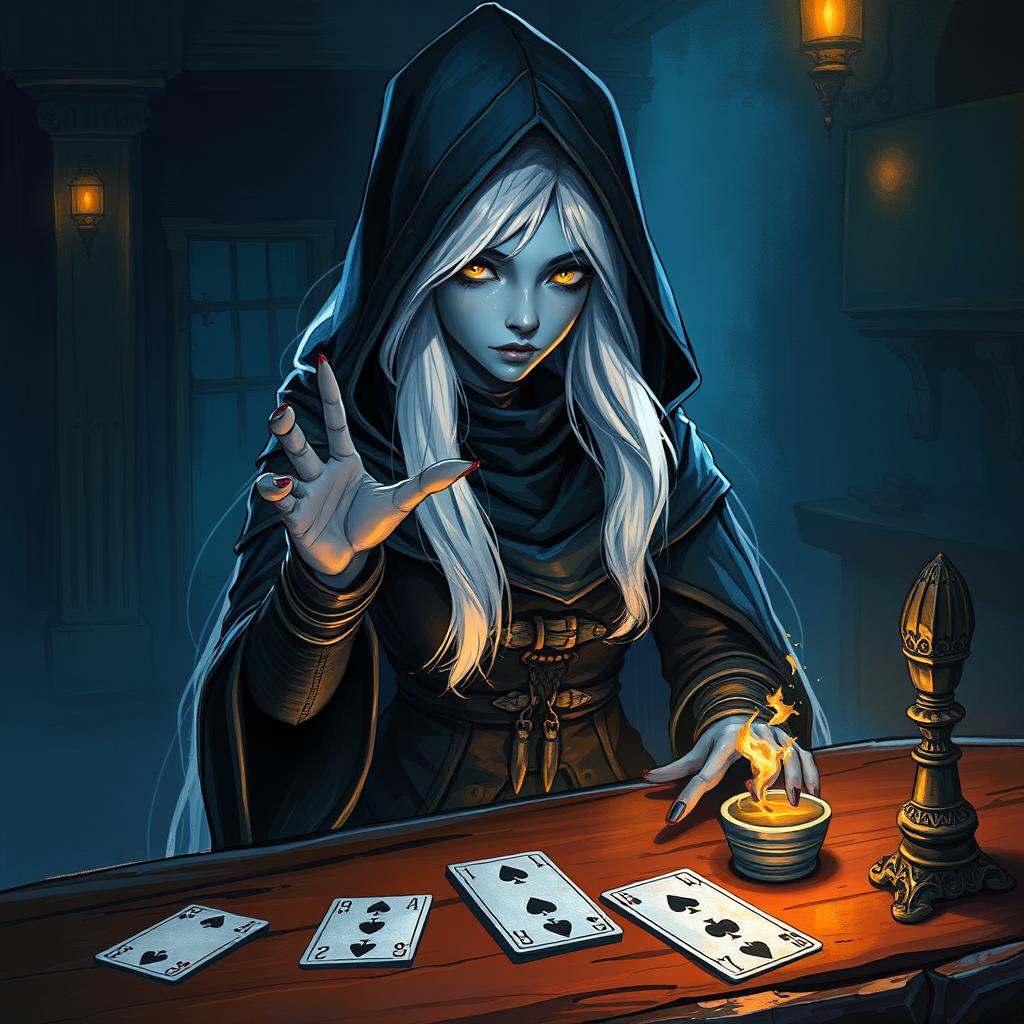 An illustrated, realistic concept art featuring a slurring and mysterious female hooded Half-Elf drow Rogue, distinguished by her striking blue skin, long, flowing white hair, and piercing yellow eyes