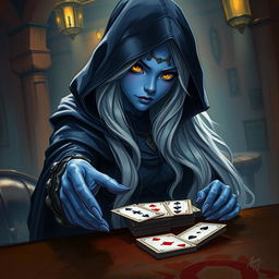 An illustrated, realistic concept art featuring a slurring and mysterious female hooded Half-Elf drow Rogue, distinguished by her striking blue skin, long, flowing white hair, and piercing yellow eyes