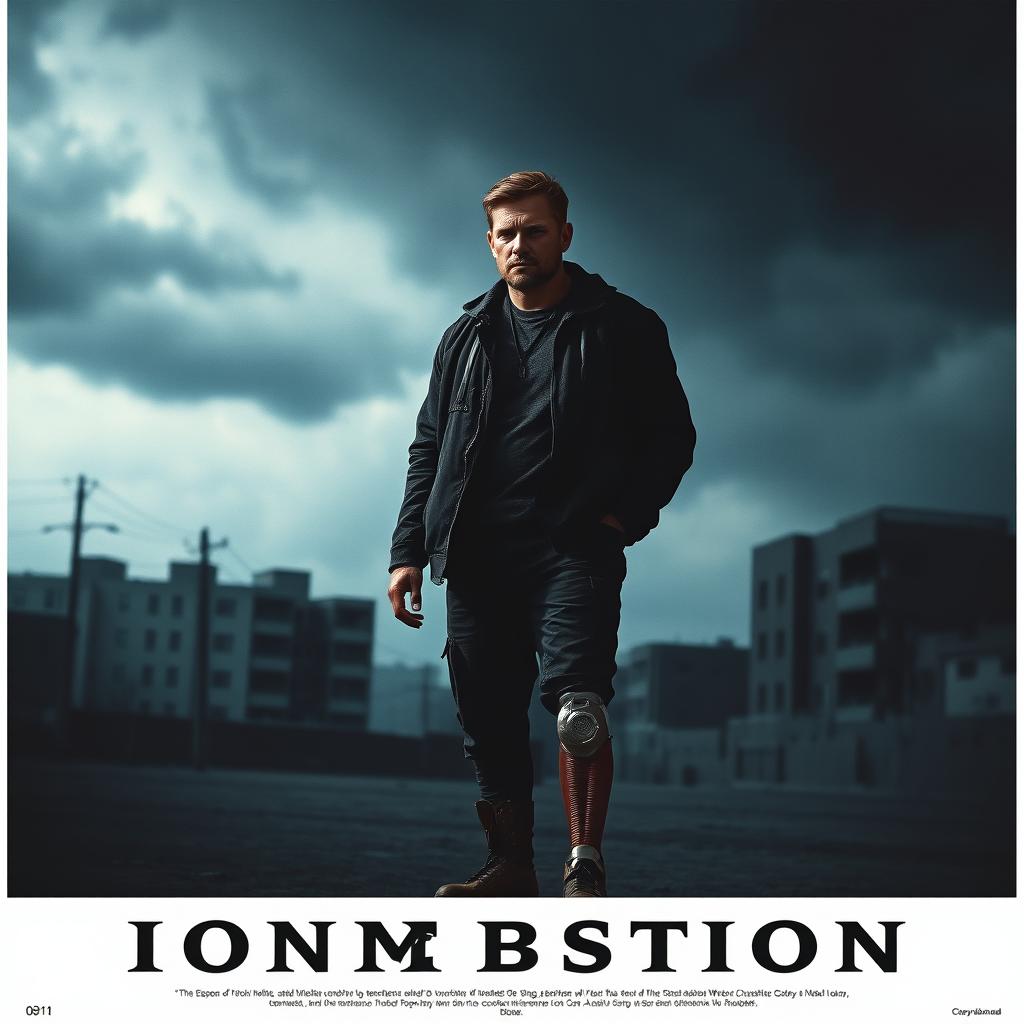 A striking poster featuring a man with an artificial leg, embodying a sense of depression