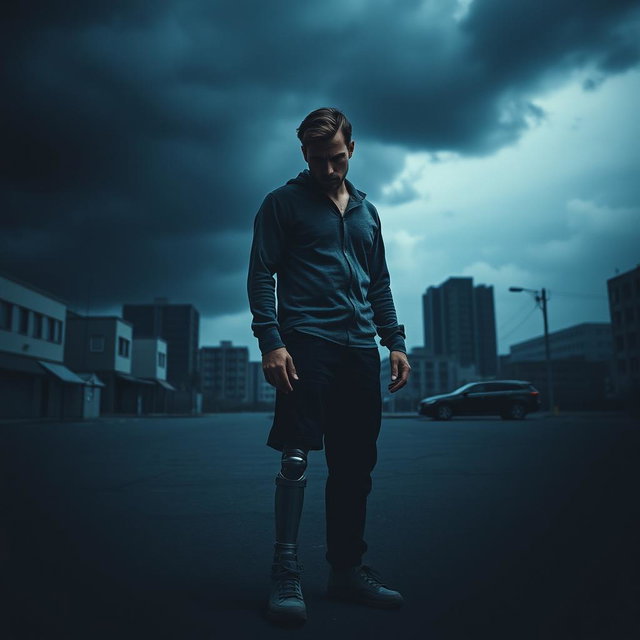 A striking poster featuring a man with an artificial leg, embodying a sense of depression