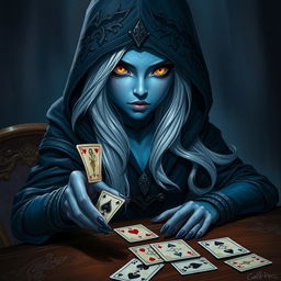 An illustrated, realistic concept art of an alluring and mysterious female Half-Elf drow Rogue, featuring enchanting blue skin, long flowing white hair, and captivating yellow eyes