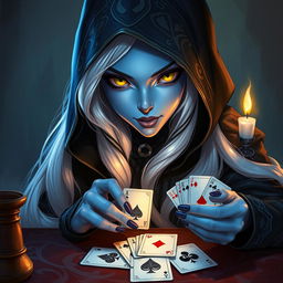 An illustrated, realistic concept art of an alluring and mysterious female Half-Elf drow Rogue, featuring enchanting blue skin, long flowing white hair, and captivating yellow eyes