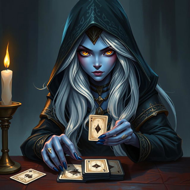 An illustrated, realistic concept art of an alluring and mysterious female Half-Elf drow Rogue, featuring enchanting blue skin, long flowing white hair, and captivating yellow eyes